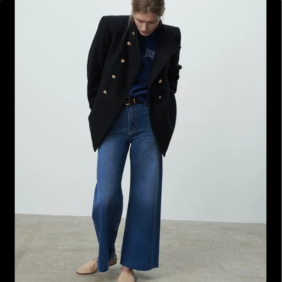 Zara gold buttons wool Italian mantengo wool black coat - Picture 2 of 11